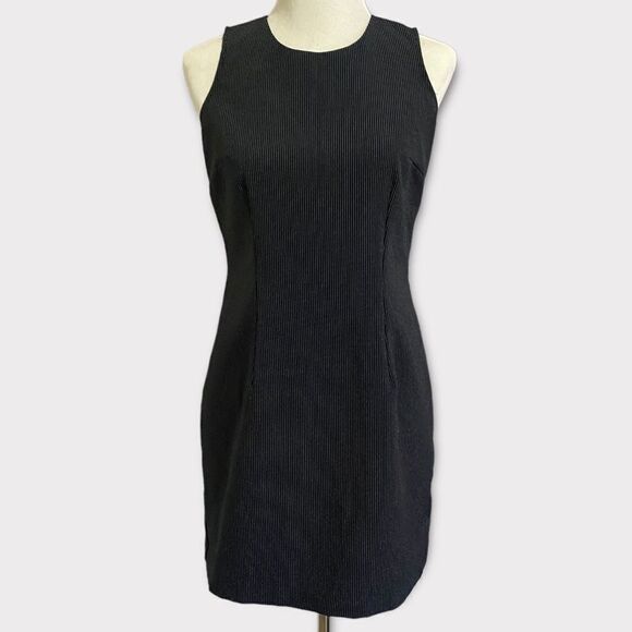 Vintage Midi Black Sheath Fitted Academia Striped Stretch Zip Sleeveless Dress - Picture 2 of 10
